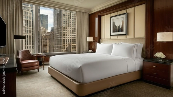 Obraz Luxurious hotel bed with pristine white linens and fluffy pillows.