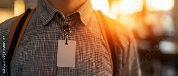 Fototapeta Person wearing blank ID badge, backpack, sunset
