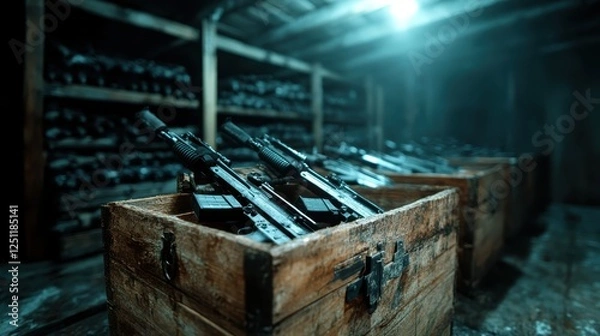 Fototapeta This image showcases a large collection of firearms stacked in wooden crates within a dimly lit warehouse, highlighting themes of security and power.