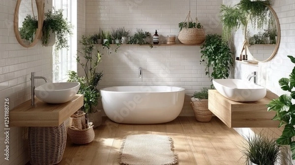 Obraz Scandinavian-style bathroom with minimalist accessories on a floating vanity.