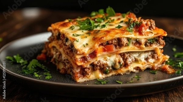 Fototapeta This inviting plate of classic meat lasagna features layers of beef, cheese, and tomato sauce, creating a hearty meal that is sure to satisfy your appetite for comfort food.