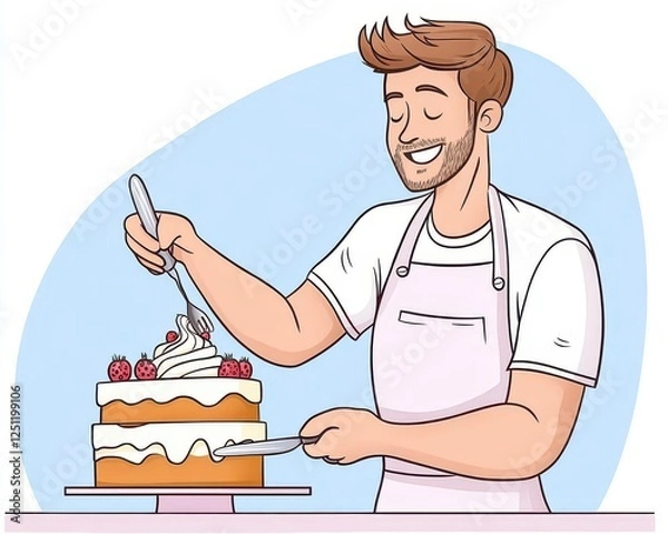 Fototapeta A baker carefully decorating a cake with fresh berries and cream, drawn in a delicate and appetizing flat design.
