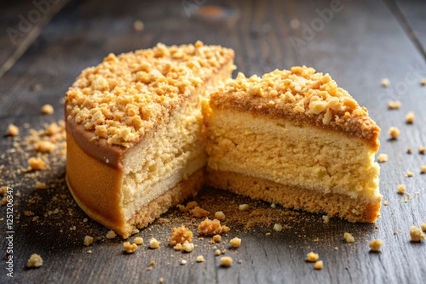 Fototapeta Delicious slice of cake with crumbs scattered on wooden table