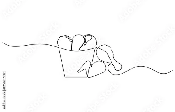 Fototapeta Fried crispy chicken legs, drumsticks in craft paper box vector one line continuous drawing, One continuous line draw hot delicious American fried chickens on basket restaurant logo emblem.