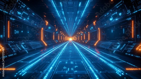 Fototapeta futuristic corridor with glowing blue and orange lights, creating high tech atmosphere. perspective draws viewer into digital world, evoking sense of speed and innovation