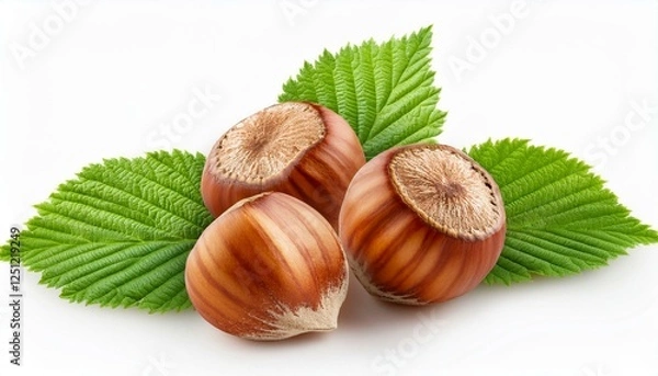Obraz fresh hazelnuts with green leaves isolated on a white background