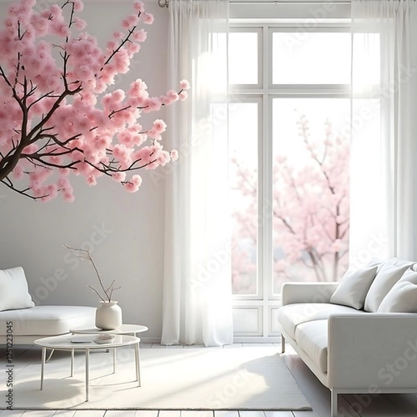 Fototapeta Serene Living Room with Blooming Cherry Blossom Branch