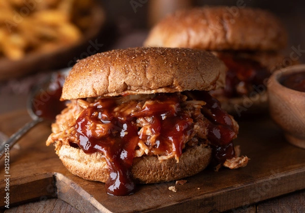 Fototapeta Barbeque pulled chicken sandwiich on whole wheat bun