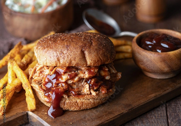 Fototapeta Barbeque pulled chicken sandwiich on whole wheat bun