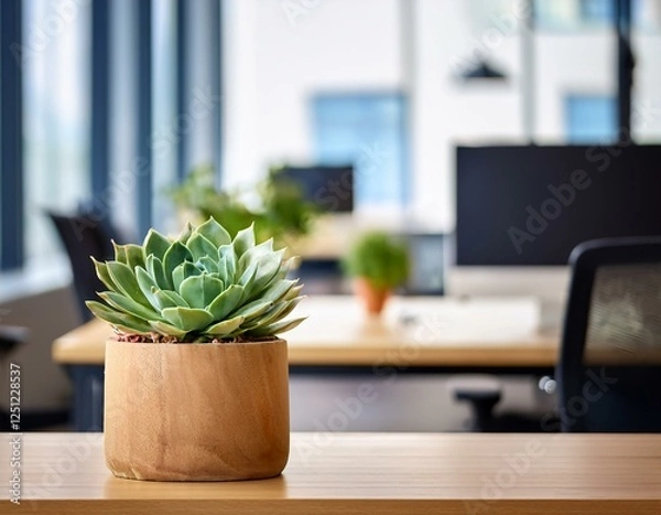 Fototapeta a close up of a succulent planter in focus on a wooden desk with a blurred open office in the background perfect for workplace or interior design themes