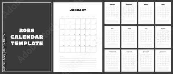 Fototapeta Calendar 2026. Week starts Sunday. Bold Clean design monthly 2026 calendar template vector with empty space for notes.	
