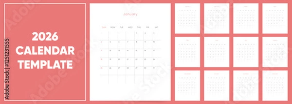 Obraz Calendar template for 2026 year. Week starts on Sunday. Wall 2026 calendar in cozy elegant minimal style. Corporate or business Calendar 2026. English vector Calendar monthly pages layout.	