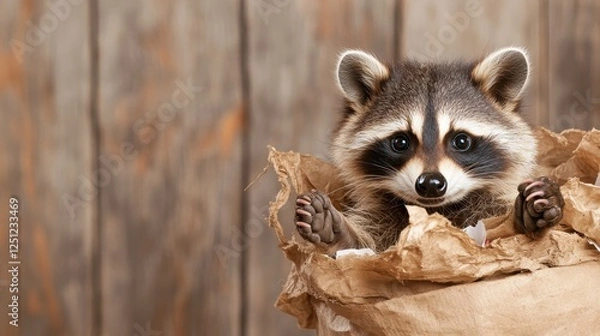 Fototapeta An innocent-looking raccoon pops out from crumpled paper, reflecting curiosity and charm, captured beautifully against a blurred background, symbolizing wilderness and adventure.