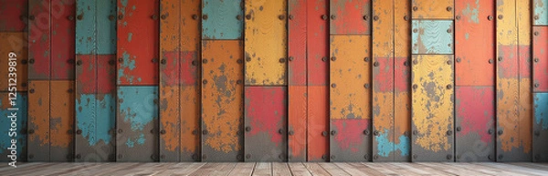 Fototapeta A Wooden Wall With Colorful Blocks Serves As A Textured Background For Creating Expansive And Visually Appealing Panoramic Scenes. 00001