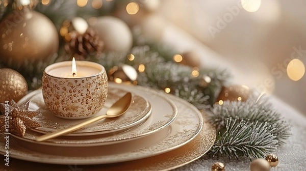 Fototapeta Children's New Year restaurant table arrangement. delightful setup featuring plates, golden utensils in a funny holder, baubles, a candle, frosted fir twigs, and mistletoe on a soft beige backdrop.