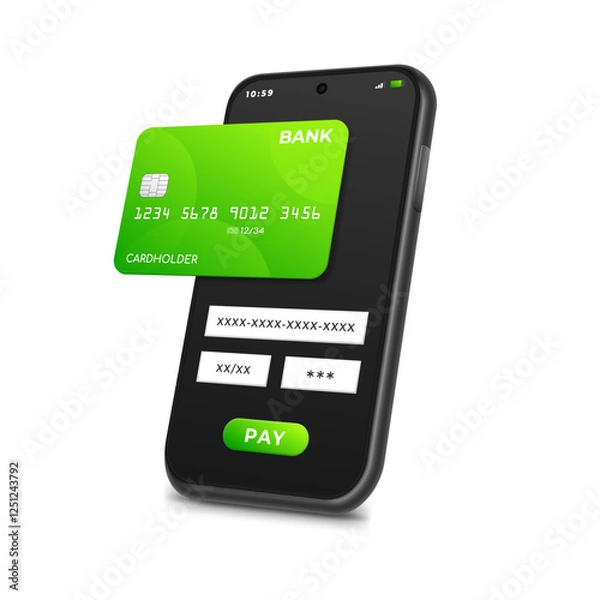 Fototapeta Pay button on smartphone screen during transaction using bank card, vector illustration. Online payment via mobile phone.