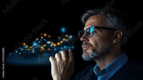Fototapeta thoughtful man analyzing data trends with digital graphs in background, showcasing insights and analytics. His expression reflects concentration and curiosity