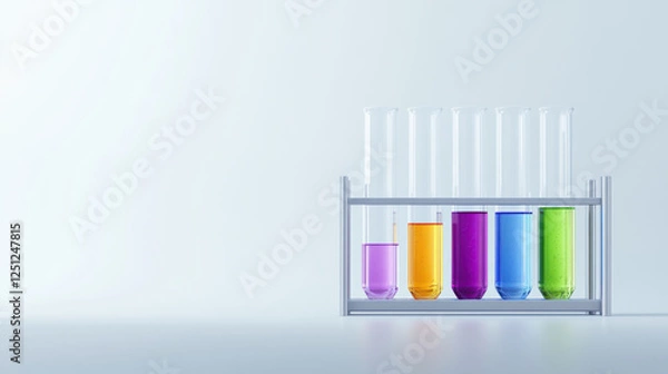 Fototapeta Colorful glass test tubes in metal rack filled with liquids, showcasing vibrant hues. Perfect for scientific themes and laboratory settings