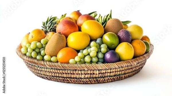 Fototapeta A wicker basket filled with a variety of fresh, colorful fruits on a white background.