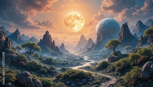 Fototapeta green grass and earth, the new computer technology grass,planet in space,sunset in the mountains