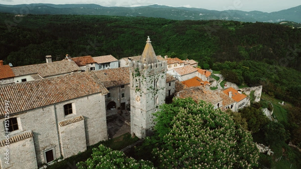 Fototapeta Aerial view of Hum, one of the smallest town in the world on hilltop, Croatia.