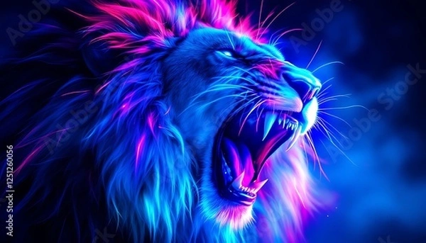 Fototapeta Neon Lion Roar: A vibrant digital artwork of a majestic lion with a glowing mane, roaring intensely against a dark background.