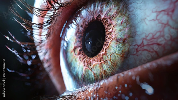 Fototapeta Close up image of human eye with blood stains on the surface and surrounding area
