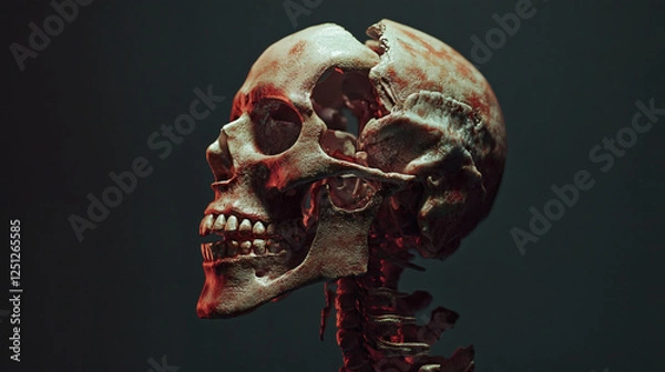Fototapeta Skull with broken jaw and cracked structure on white background for educational purposes