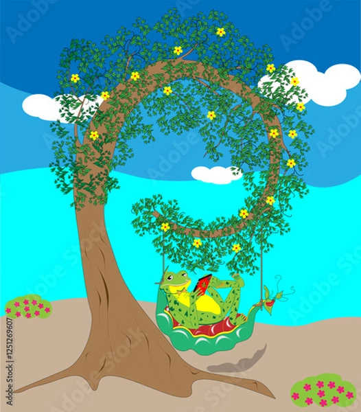 Fototapeta Frog with smartphone under tree. Vector illustration