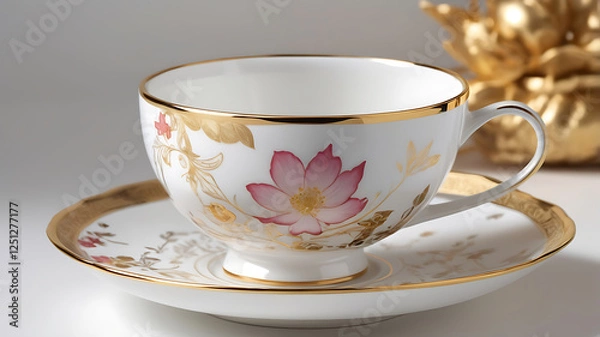 Fototapeta A modern luxurious porcelain teacup & saucer with smooth gold lined edges and stunning soft floral motif on a background.