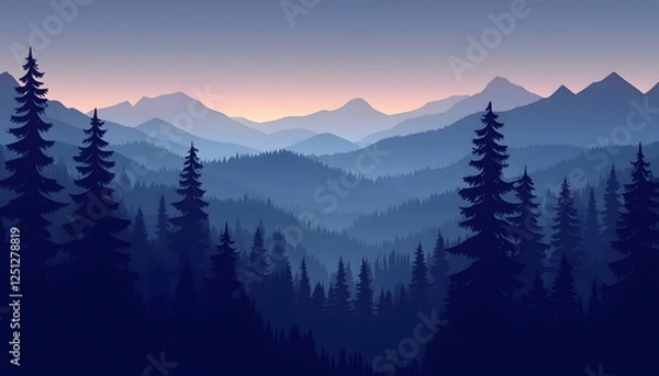 Fototapeta Serene Twilight Mountain Range With Silhouetted Pine Trees