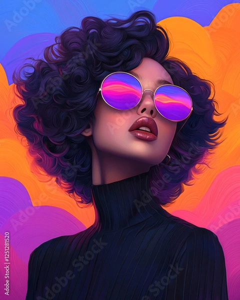 Fototapeta An edgy close-up portrait highlighting mirrored lenses, swirling with electric orange and purple