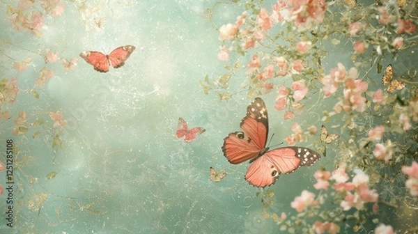 Obraz Valentine mockup card minimalist design. Fluttering Monarchs Amidst Blossoms Delicate Wings on Floral Fantasy Elegant Springtime Nature Artwork.