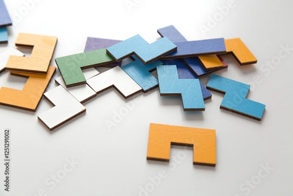 Fototapeta Scattered colorful wooden puzzle pieces on a white background. The geometric shapes create a playful and educational composition, symbolizing logic and problem-solving