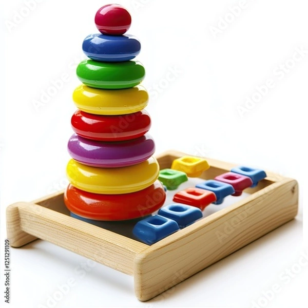 Fototapeta Colorful stacking rings and blocks toy on wooden stand, educational play, white background, child development