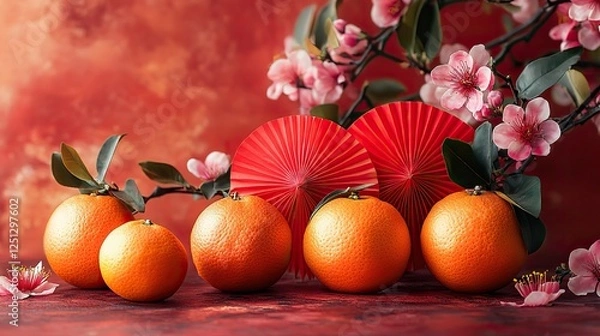 Fototapeta a vibrant chinese new year setup features tangerines, a sakura branch and red paper fans on a red background symbolizing prosperity and tradition in this cultural celebration.
