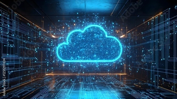 Obraz Glowing data cloud structure with vibrant neon blue circuit patterns and digital elements symbolizing the power and connectivity of advanced intelligence and the future of technology