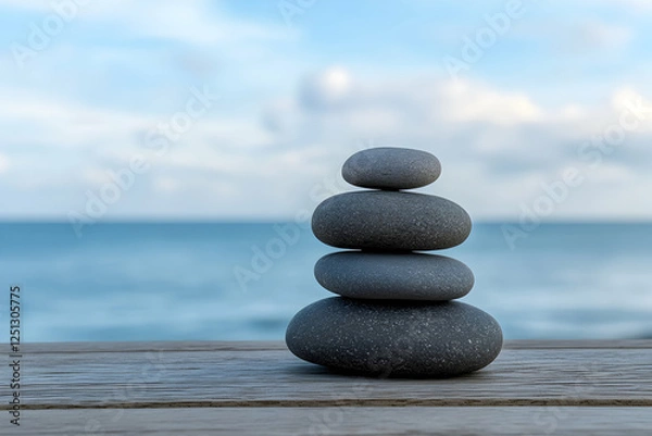 Fototapeta Photo of a stack of pebbles on a wooden table with a blurred beach background, 
