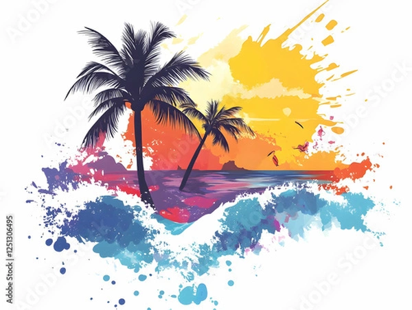 Obraz Abstract summer background with palm trees, colorful waves, and splash elements. 