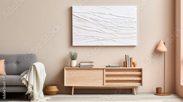 Obraz Modern Minimalist Sideboard with Abstract Painting and Cozy Living Room Decor Enhancing Interior Aesthetics and Warmth in Neutral Tones