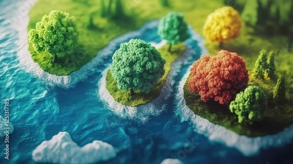 Fototapeta Carbon offset strategies concept art flat design top view climate action theme 3D render Triadic Color Scheme.