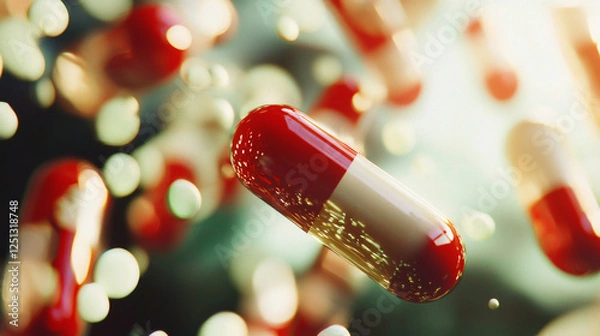Fototapeta Red and white capsule pill lying on a plain surface with shadows and highlights