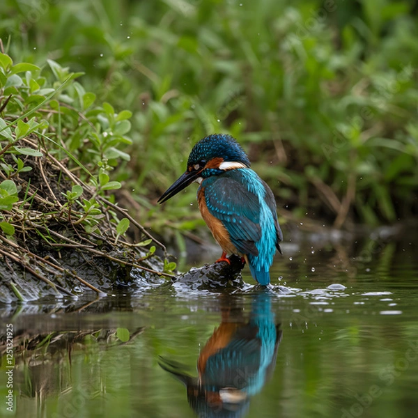 Fototapeta Female Kingfisher emerging from the water after an unsuccessful dive to grab a fish. Taking photos of these beautiful birds is addictive now I need to go back again
