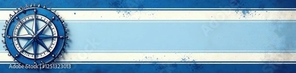 Obraz Striped nautical banner with anchor & compass, blue & white design, nautical, sea, navigation