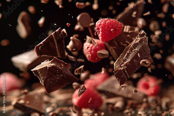 Fototapeta Dynamic close-up of dark chocolate chunks and fresh raspberries exploding in mid-air. High-speed macro shot with sharp details, rich textures, and a delicious contrast of deep brown and vibrant red.