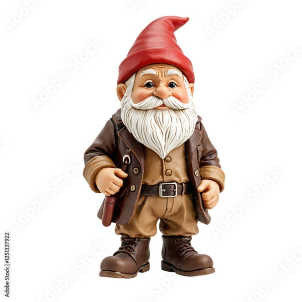 Obraz A miniature gnome figurine, dressed in a red hat, brown jacket, and brown boots, holds a brown leather messenger bag and wears a red belt, standing upright against a white background