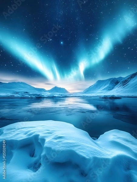 Fototapeta Breathtaking Aurora Borealis Over Frozen Landscape Reflecting in Calm Water Under Starry Sky