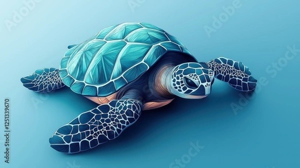 Fototapeta A vibrant, stylized turtle glides gracefully through a serene, blue background, showcasing its intricate shell patterns and vivid color.
