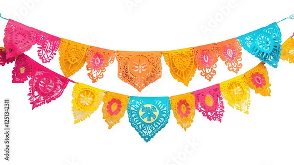 Obraz Cinco de Mayo PNG file of a colorful Papel picado banner with intricate cut-out patterns, isolated on white background