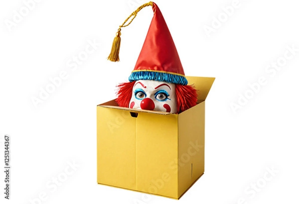 Obraz A vibrant yellow box with a clown face and a red tassel is open, revealing a colorful mask peeking out from the top right corner, creating a playful and whimsical scene